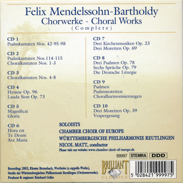 Mendelssohn*, Chamber Choir Of Europe*, Nicol Matt - Chorwerke = Choral Works (Complete) (10xCD, Car + Box) (Mint (M)) - Image 2