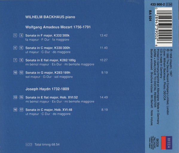 Mozart* / Haydn*, Wilhelm Backhaus - Piano Sonatas K282, K283, K330, K3332 / Piano Sonatas Hob. XVI: 48 & 52 (CD, Comp, RM) (Mint (M)) - Image 2