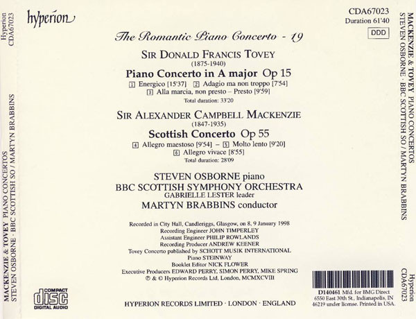Mackenzie* / Tovey* / Steven Osborne, BBC Scottish Symphony Orchestra, Martyn Brabbins - Scottish Concerto, Op 55 • Piano Concerto In A Major, Op 15 (CD, Album) (Mint (M)) - Image 2