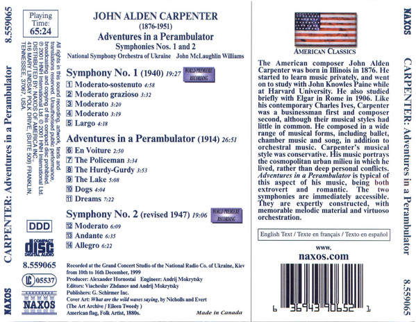 John Alden Carpenter -- National Symphony Orchestra Of Ukraine / John McLaughlin Williams - Adventures In A Perambulator / Symphonies Nos. 1 And 2 (CD, Album) (Mint (M)) - Image 2