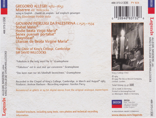 Gregorio Allegri / Giovanni Pierluigi da Palestrina – The King's College Choir Of Cambridge, David Willcocks-1