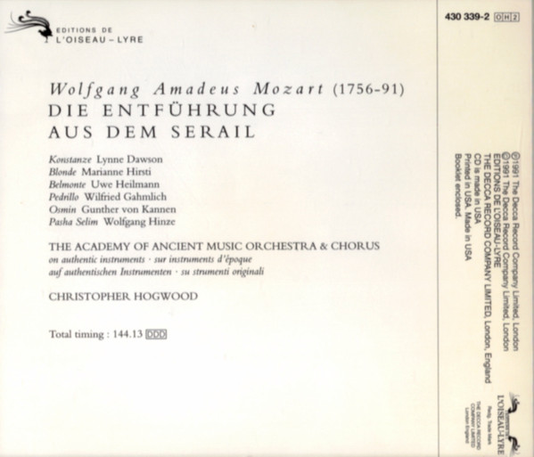 Wolfgang Amadeus Mozart, Lynne Dawson · Uwe Heilmann · Marianne Hirsti, Wilfried Gahmlich · Günter von Kannen · Wolfgang Hinze, The Academy Of Ancient Music & The Academy Of Ancient Music Chorus, Christopher Hogwood-2