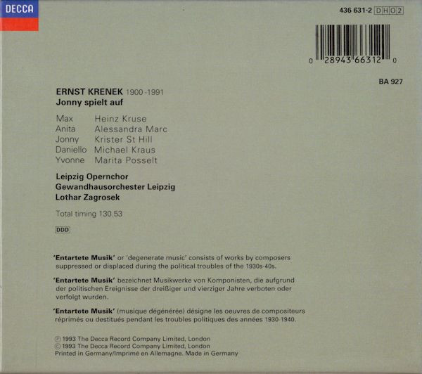 Ernst Krenek - Heinz Kruse, Alessandra Marc, Krister St Hill, Michael Kraus, Marita Posselt, Leipzig Opernchor, Gewandhausorchester Leipzig, Lothar Zagrosek-1