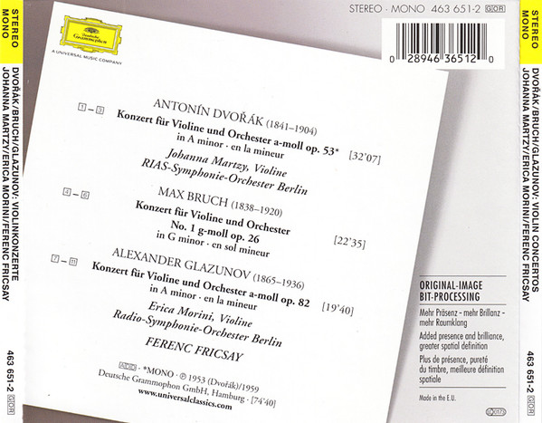 Antonín Dvořák • Max Bruch • Alexander Glazunov, Johanna Martzy • Erica Morini • Ferenc Fricsay-2