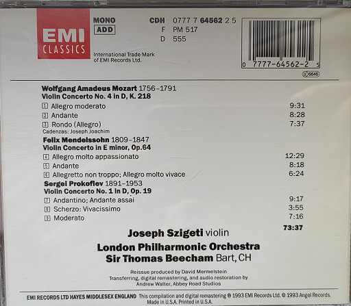 Joseph Szigeti / Wolfgang Amadeus Mozart, Felix Mendelssohn-Bartholdy, Sergei Prokofiev / Sir Thomas Beecham, London Philharmonic Orchestra-1