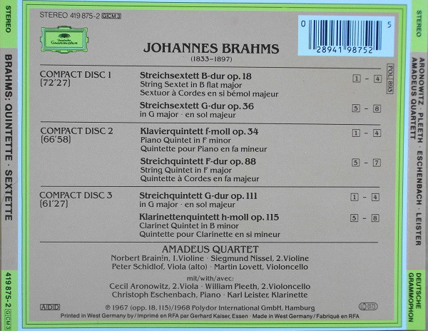 Johannes Brahms, Amadeus-Quartett, Cecil Aronowitz, William Pleeth, Christoph Eschenbach, Karl Leister-1