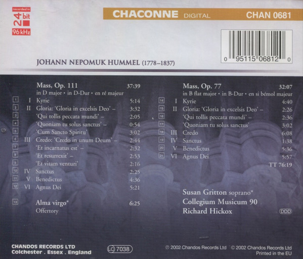 Johann Nepomuk Hummel, Susan Gritton, Collegium Musicum 90, Richard Hickox-1