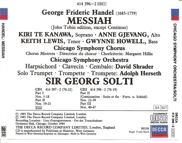 Georg Friedrich Händel - Kiri Te Kanawa, Anne Gjevang, Keith Lewis (4), Gwynne Howell, Chicago Symphony Orchestra And Chicago Symphony Chorus, Georg Solti-2