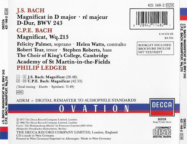 Johann Sebastian Bach, Carl Philipp Emanuel Bach, Felicity Palmer • Helen Watts • Robert Tear • Stephen Roberts (2) • The King's College Choir Of Cambridge • The Academy Of St. Martin-in-the-Fields • Philip Ledger-1