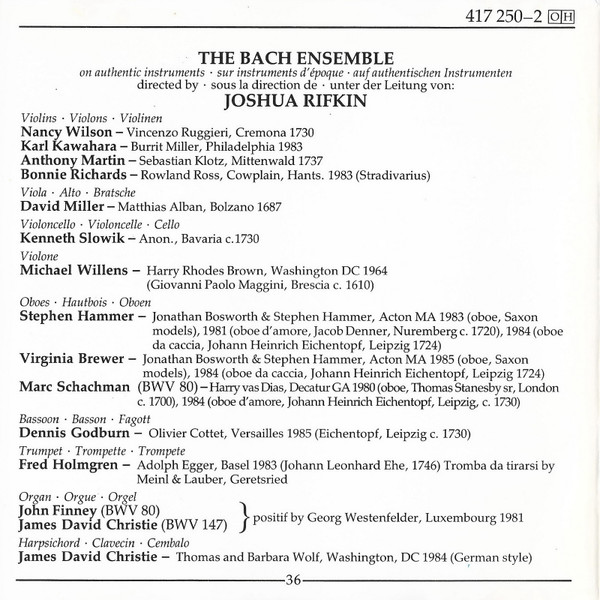 Johann Sebastian Bach, The Bach Ensemble, Joshua Rifkin-1